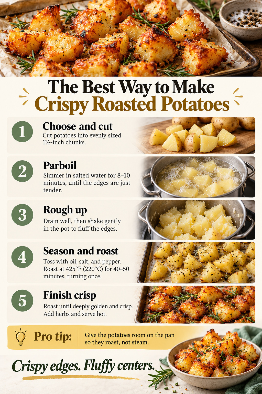 The Best Way to Make Crispy Roasted Potatoes — five-step cooking infographic