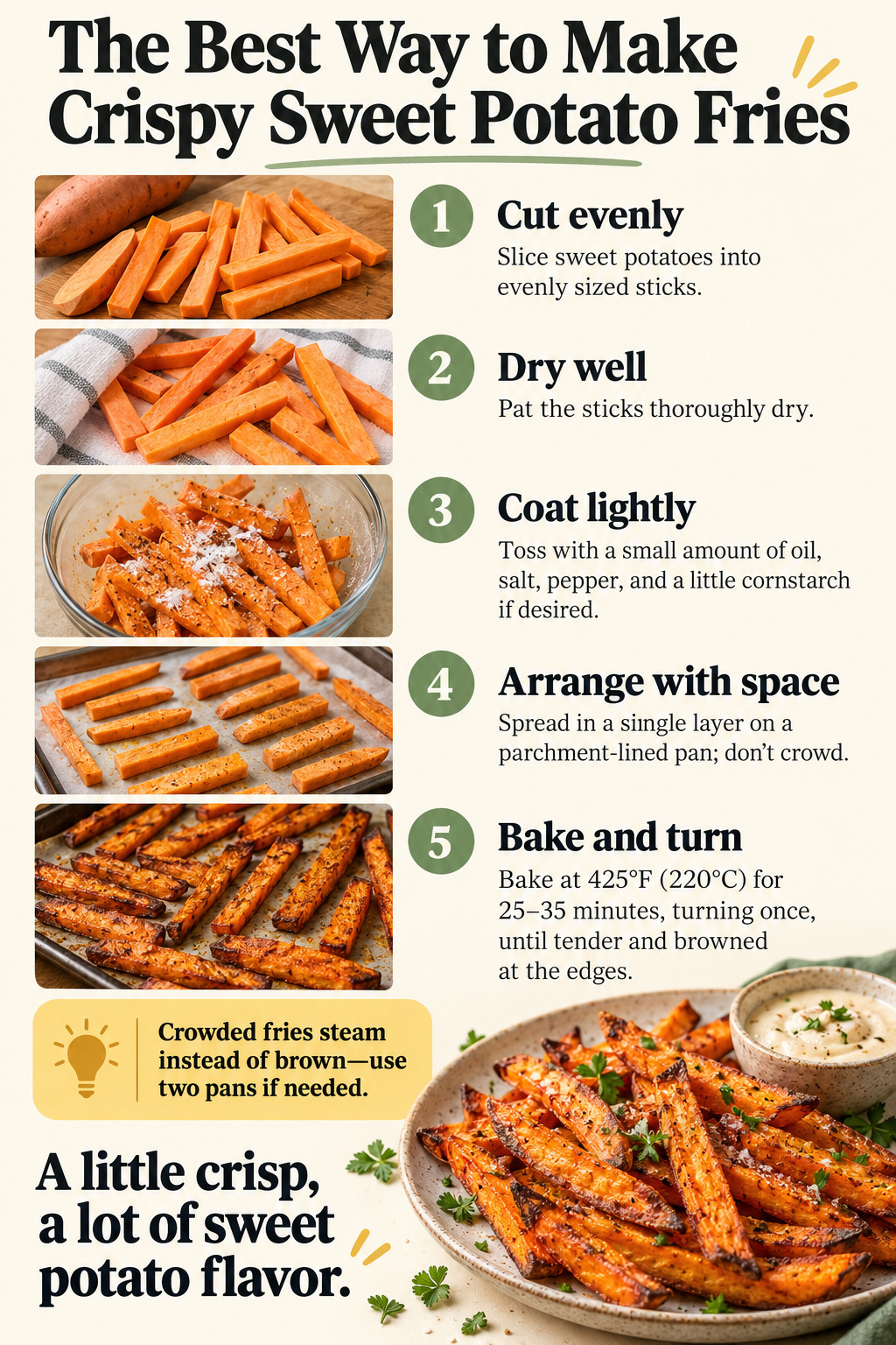 The Best Way to Make Crispy Sweet Potato Fries — five-step cooking infographic