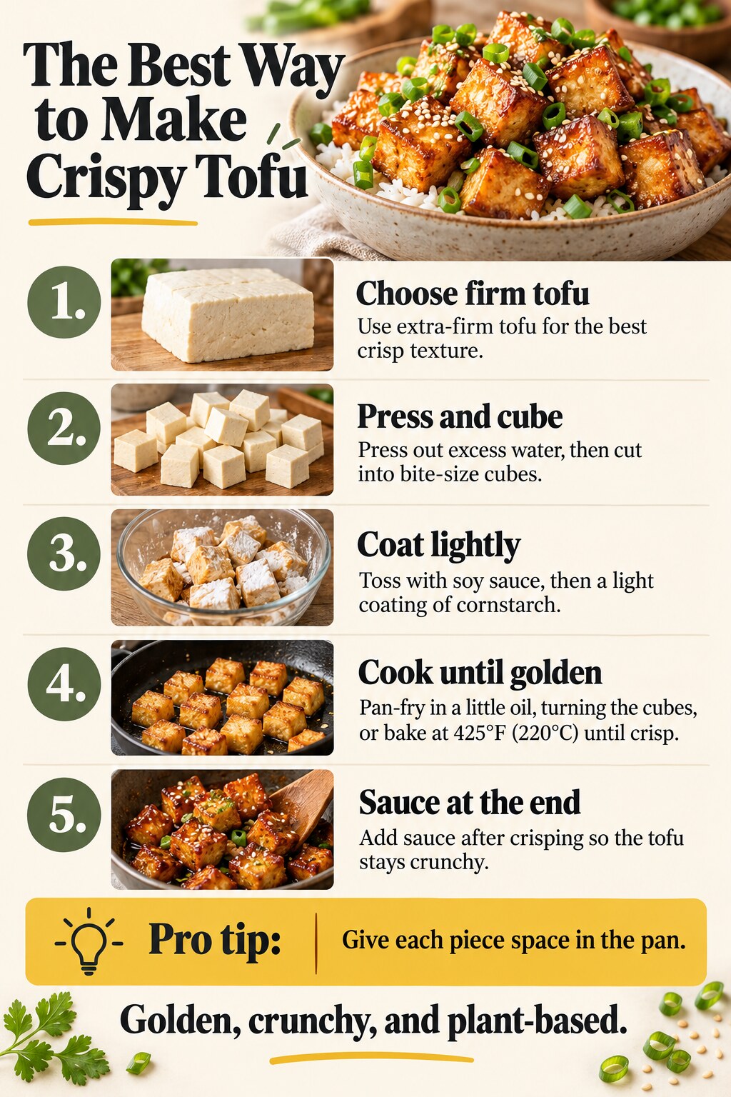 The Best Way to Make Crispy Tofu — five-step cooking infographic