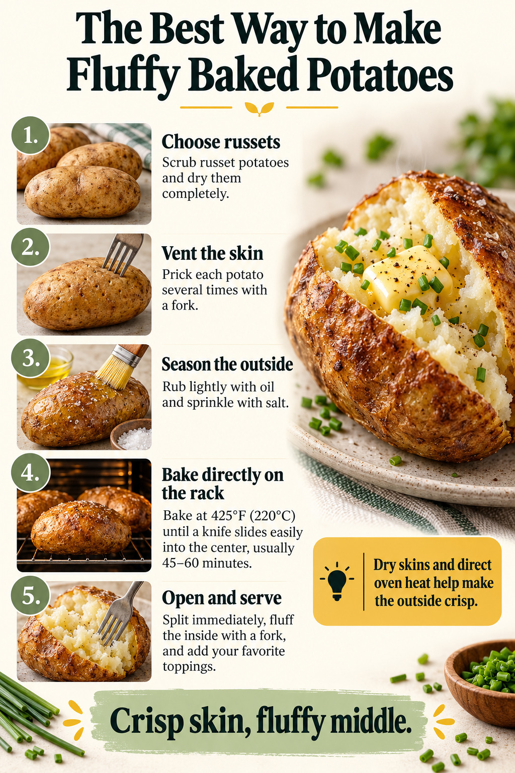 The Best Way to Make Fluffy Baked Potatoes — five-step cooking infographic