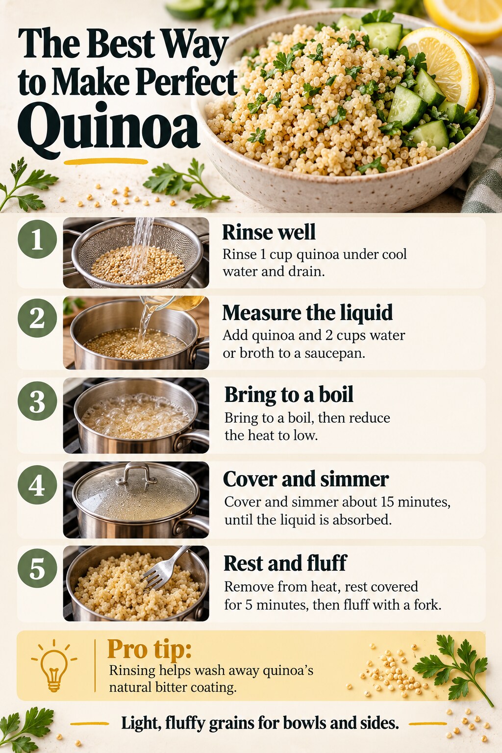 The Best Way to Make Perfect Quinoa — five-step cooking infographic