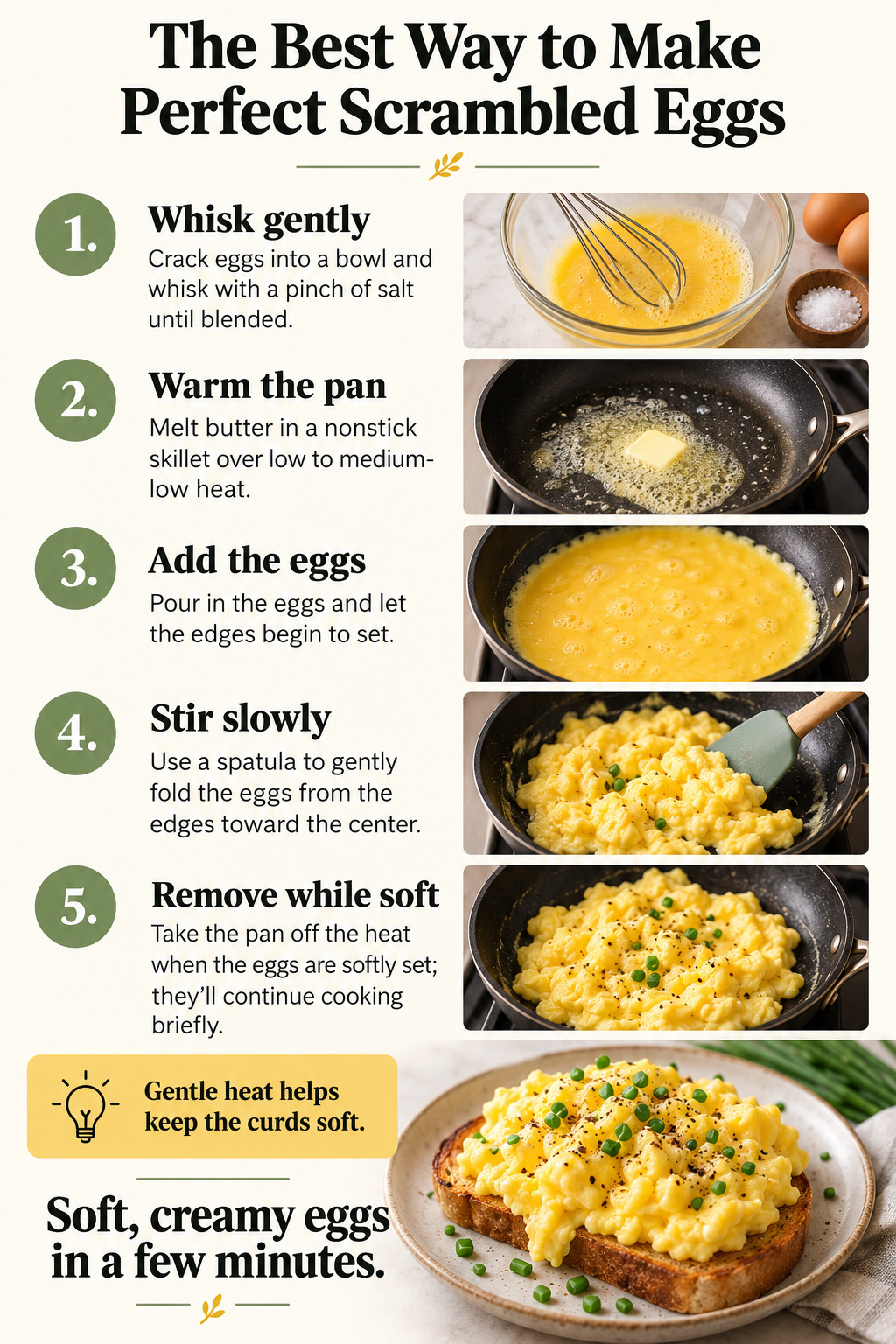 The Best Way to Make Perfect Scrambled Eggs — five-step cooking infographic