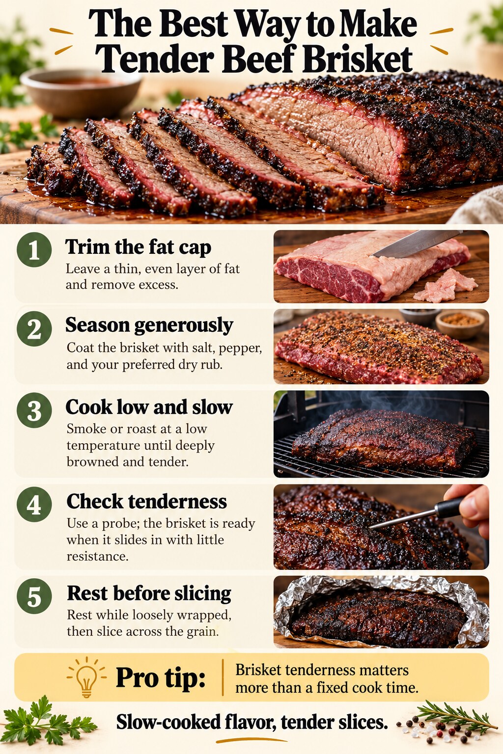 The Best Way to Make Tender Beef Brisket — five-step cooking infographic