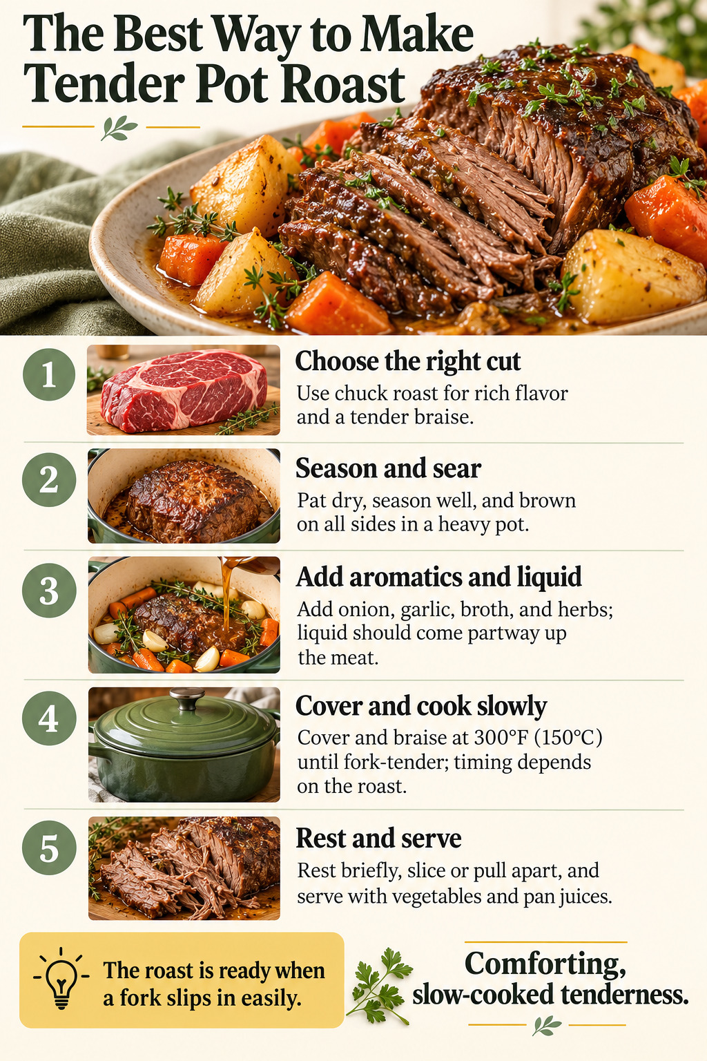 The Best Way to Make Tender Pot Roast — five-step cooking infographic