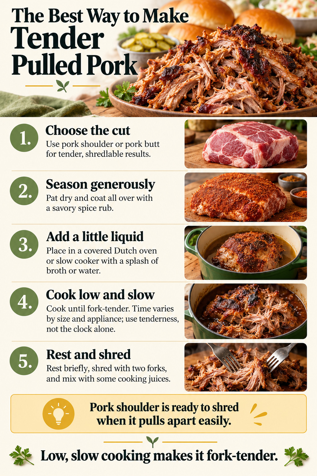 The Best Way to Make Tender Pulled Pork — five-step cooking infographic