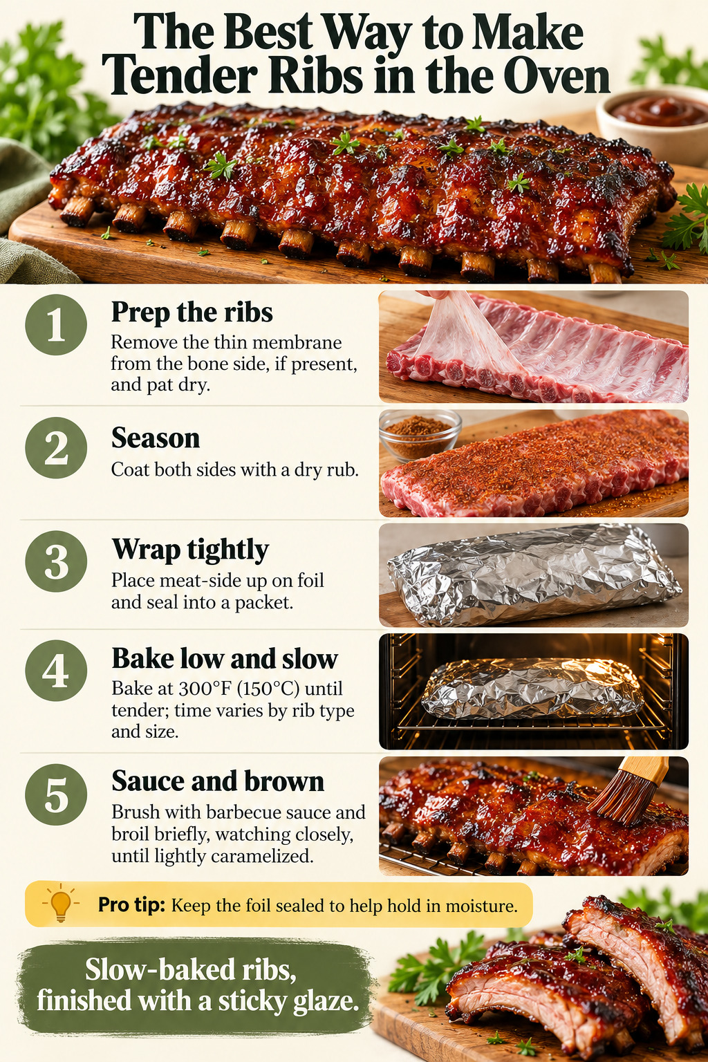 The Best Way to Make Tender Ribs in the Oven — five-step cooking infographic
