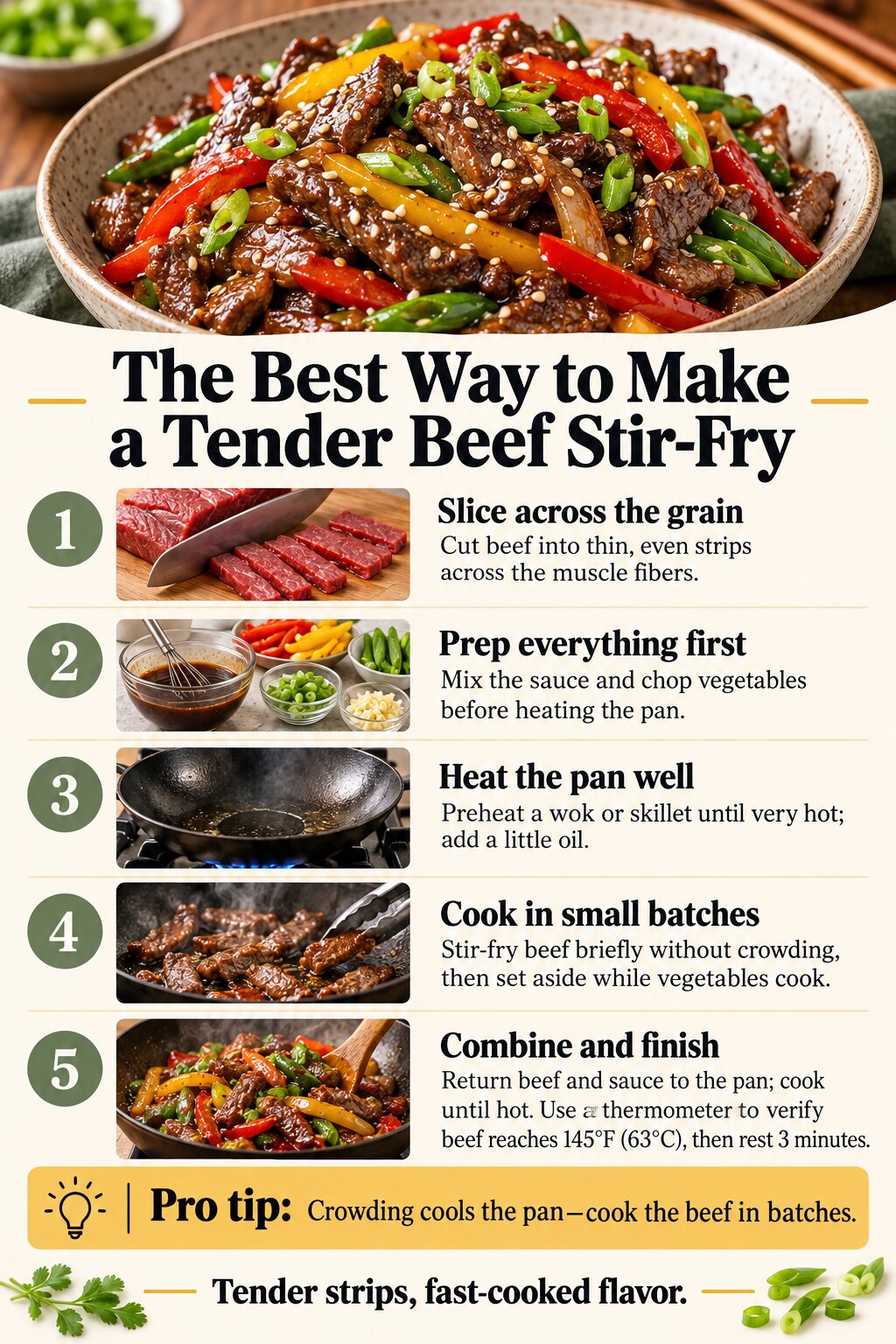 The Best Way to Make a Tender Beef Stir-Fry — five-step cooking infographic