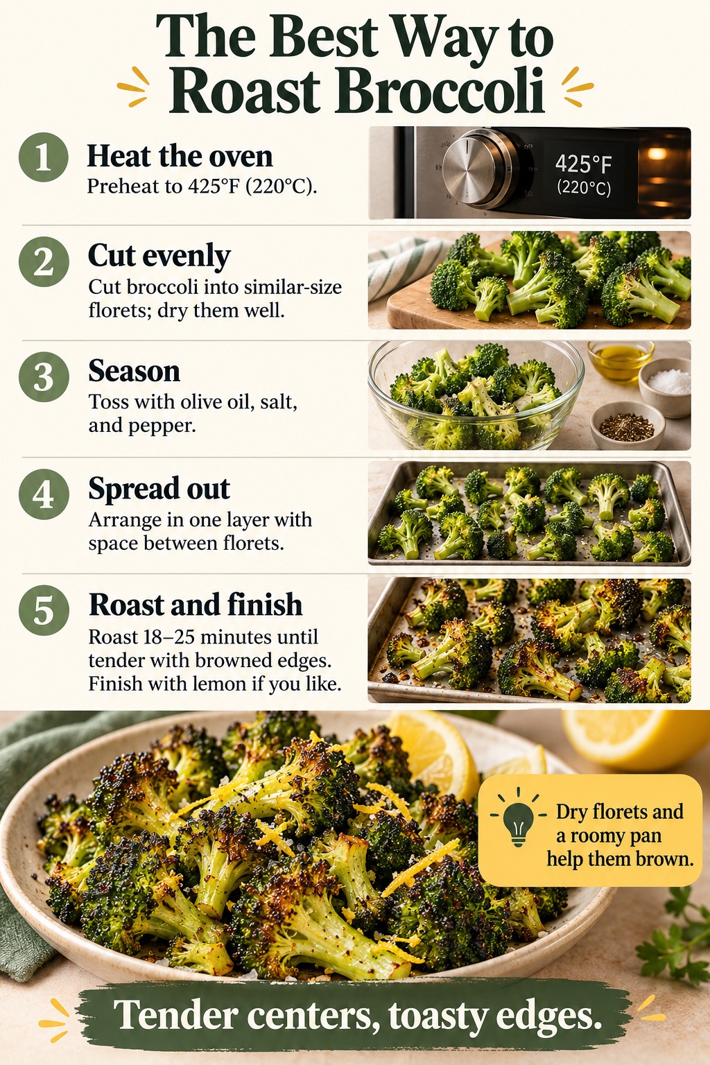 The Best Way to Roast Broccoli — five-step cooking infographic