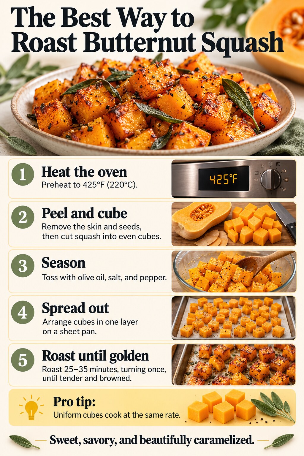 The Best Way to Roast Butternut Squash — five-step cooking infographic