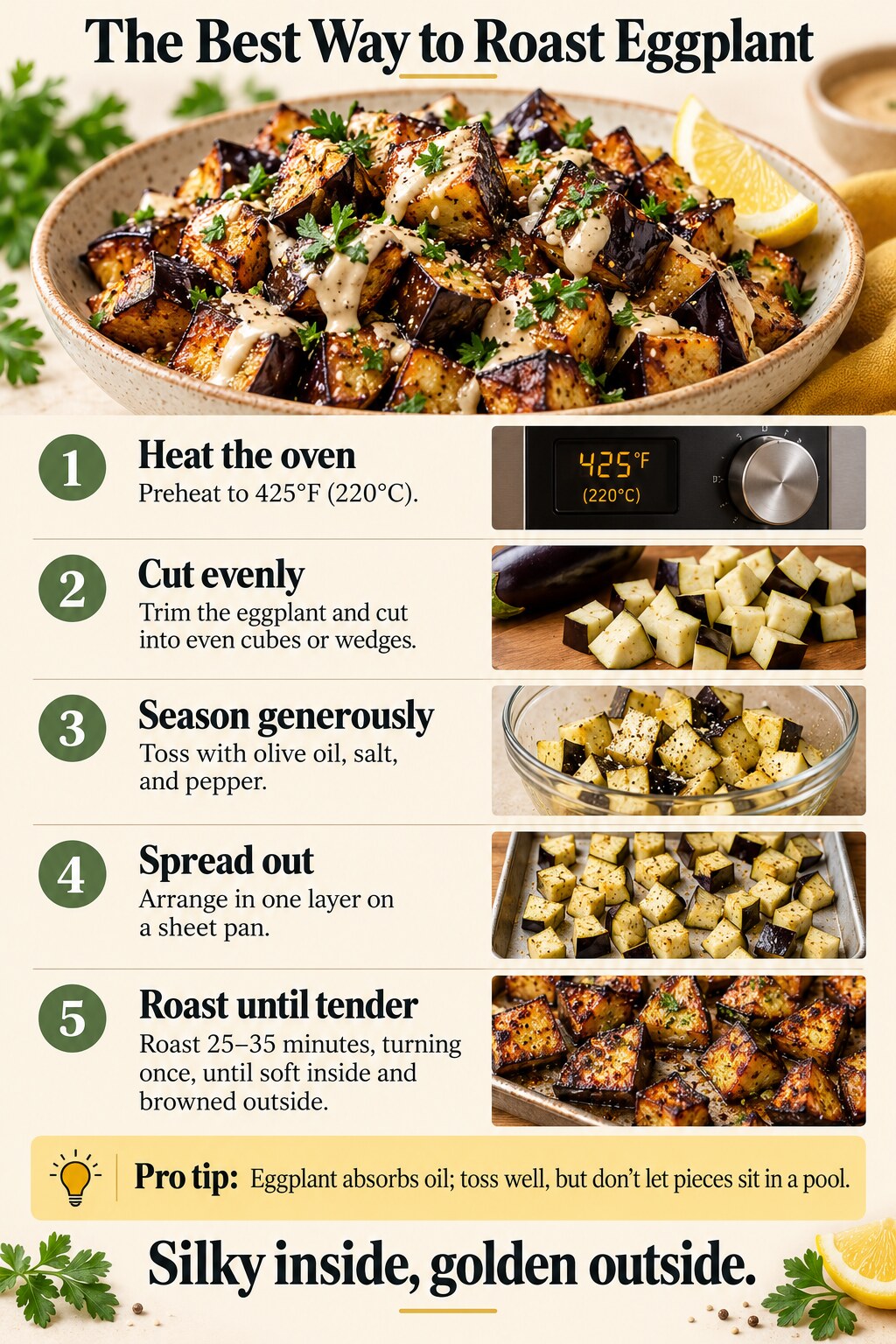 The Best Way to Roast Eggplant — five-step cooking infographic