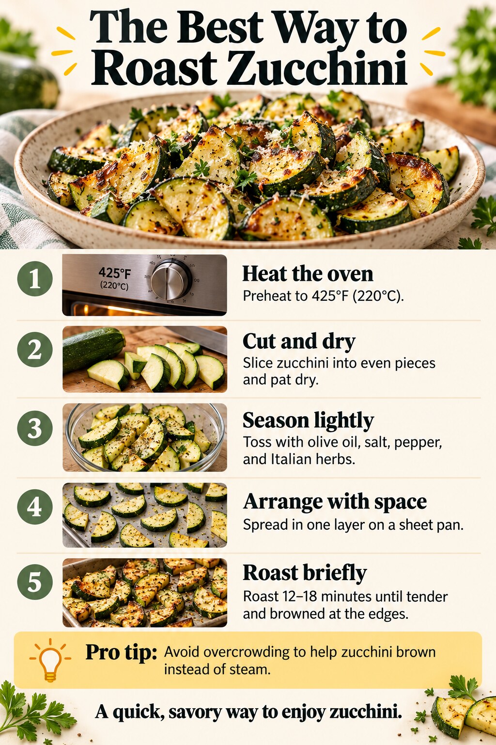 The Best Way to Roast Zucchini — five-step cooking infographic