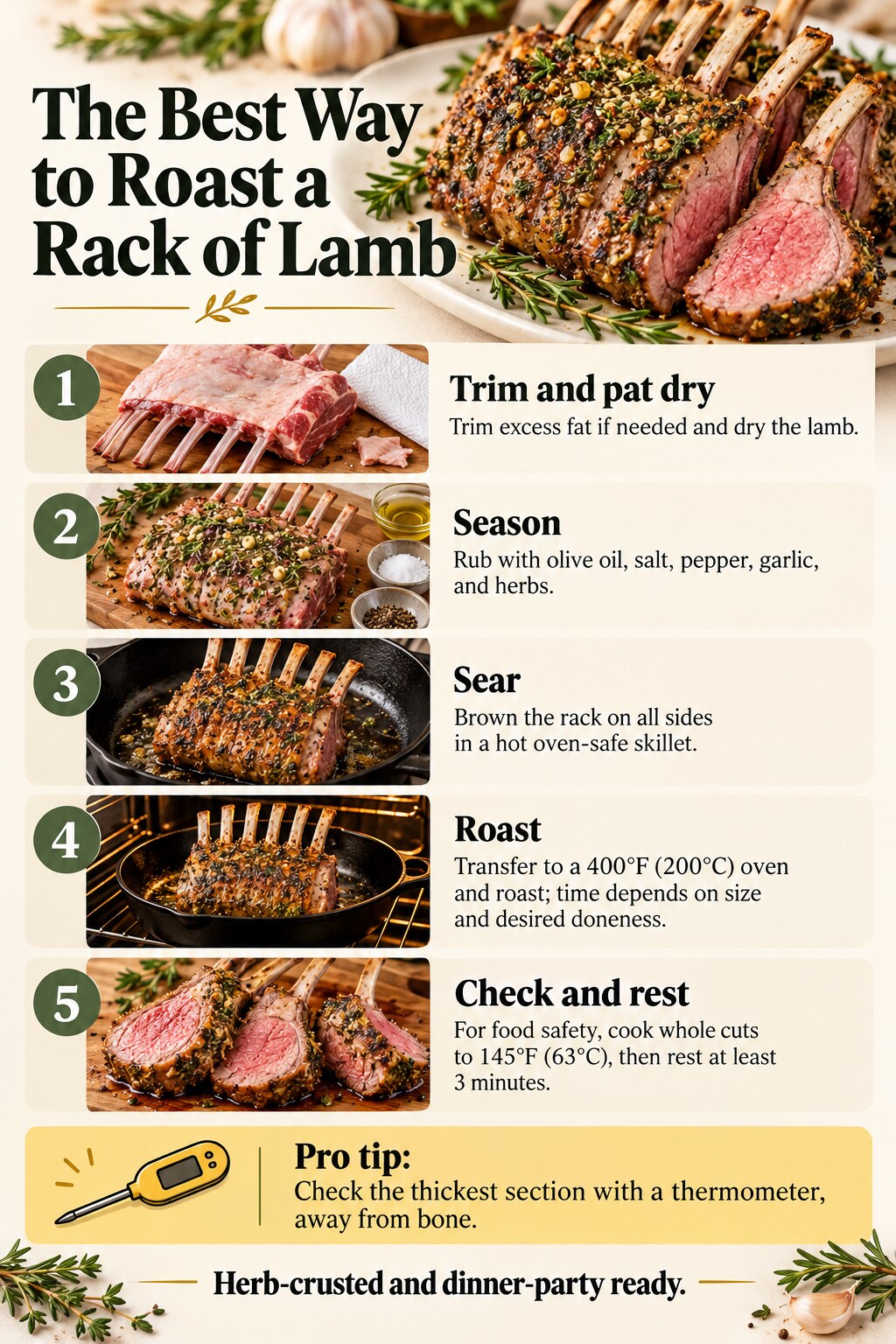 The Best Way to Roast a Rack of Lamb — five-step cooking infographic