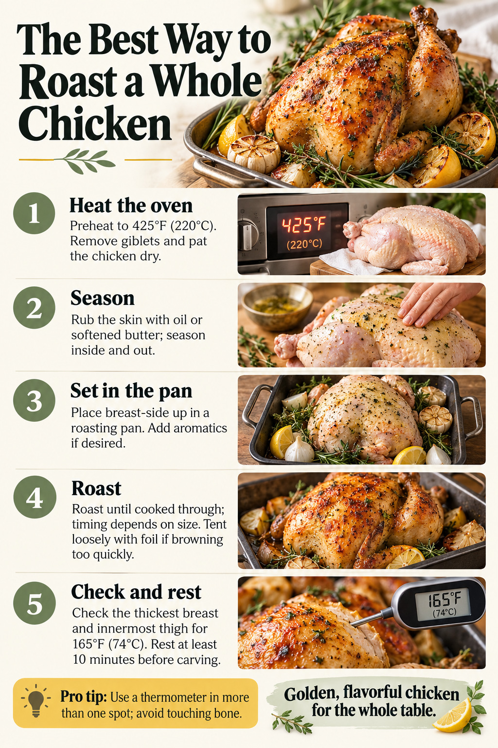 The Best Way to Roast a Whole Chicken — five-step cooking infographic