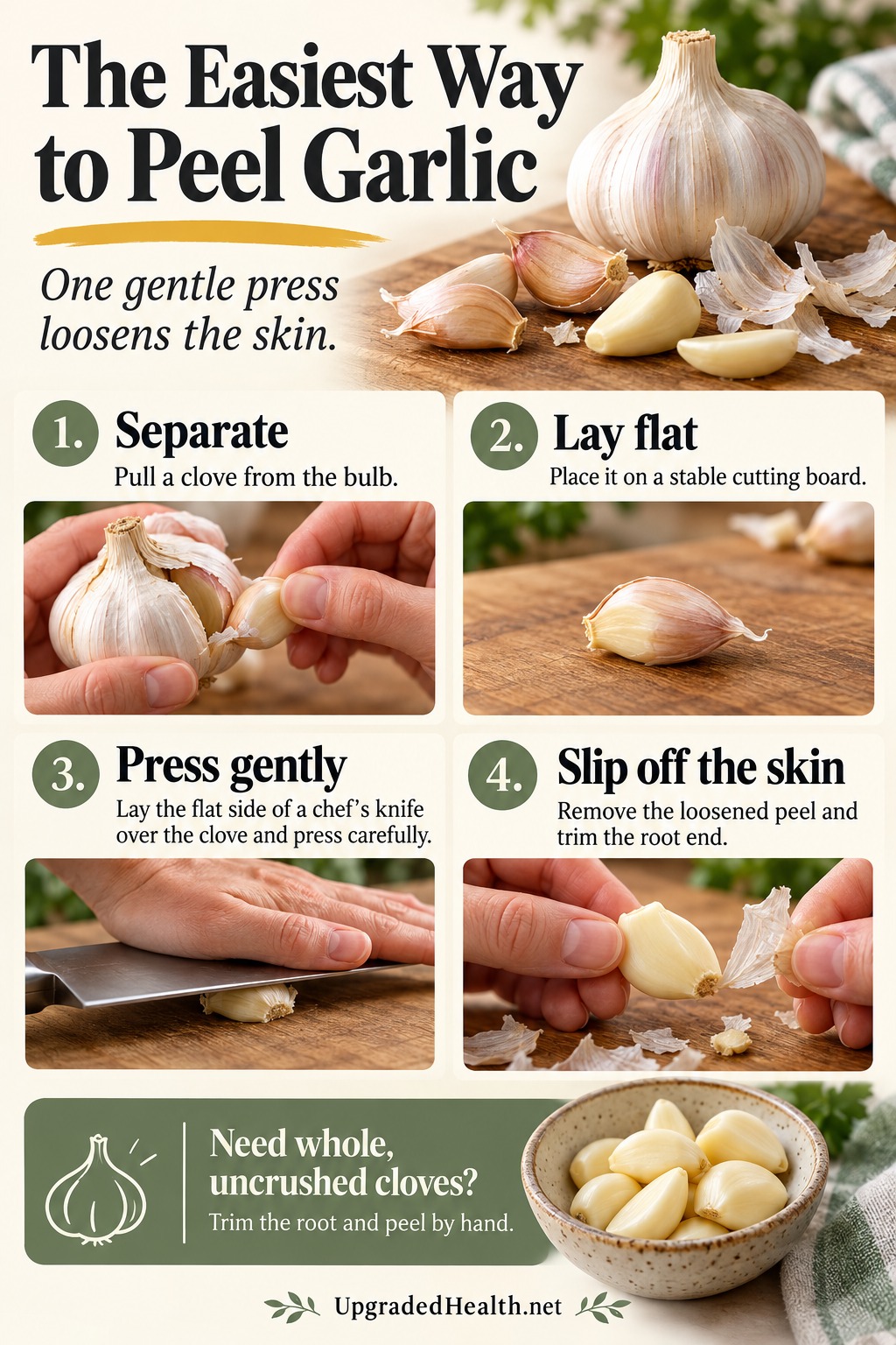 The Easiest Way to Peel Garlic Without the Mess — step-by-step infographic