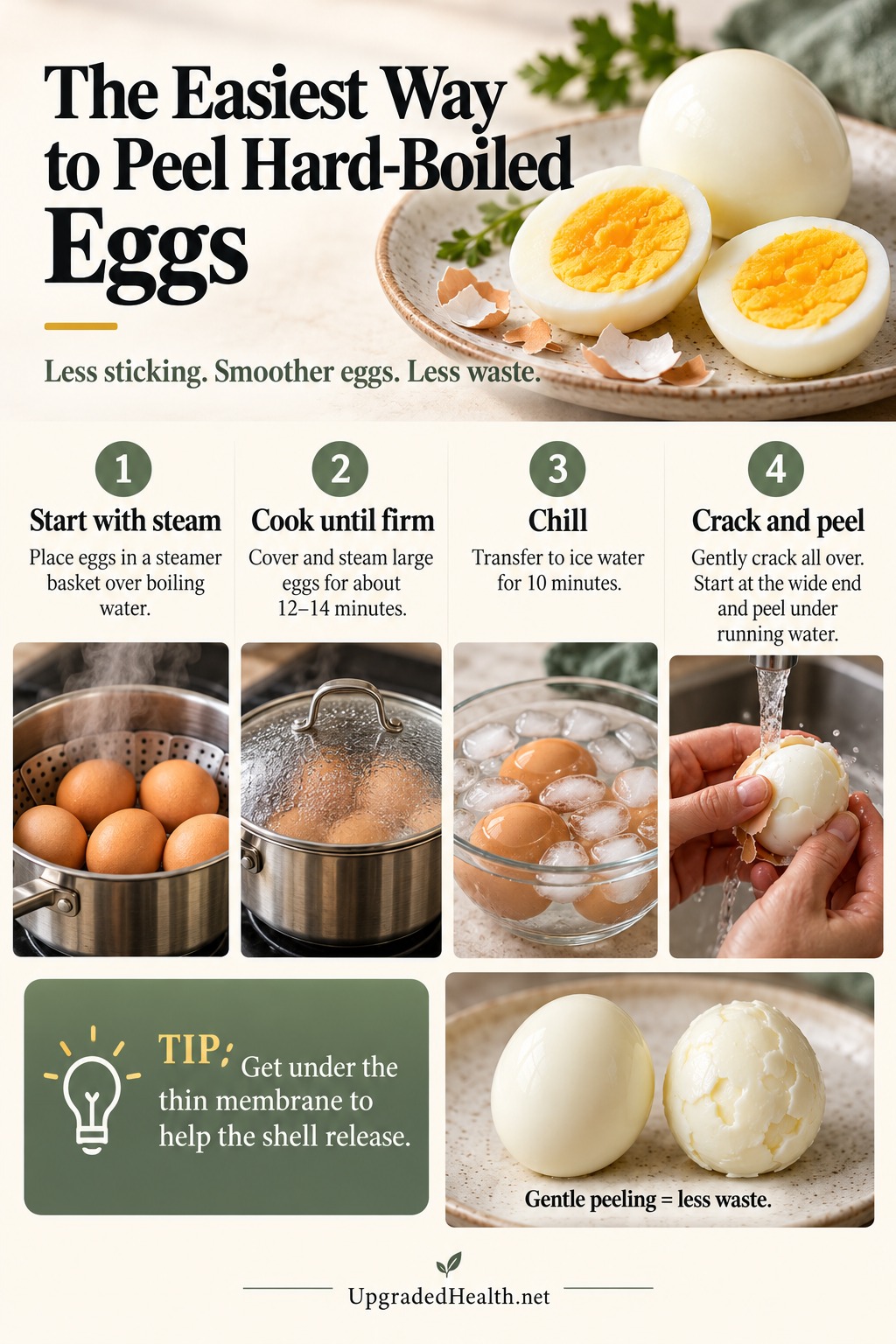 The Easiest Way to Peel Hard-Boiled Eggs Without Losing Half the Egg — step-by-step infographic