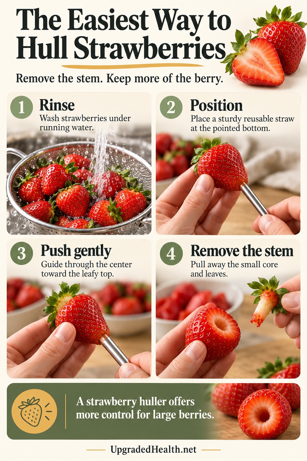 The Easiest Way to Remove Strawberry Stems Without Wasting Fruit — step-by-step infographic