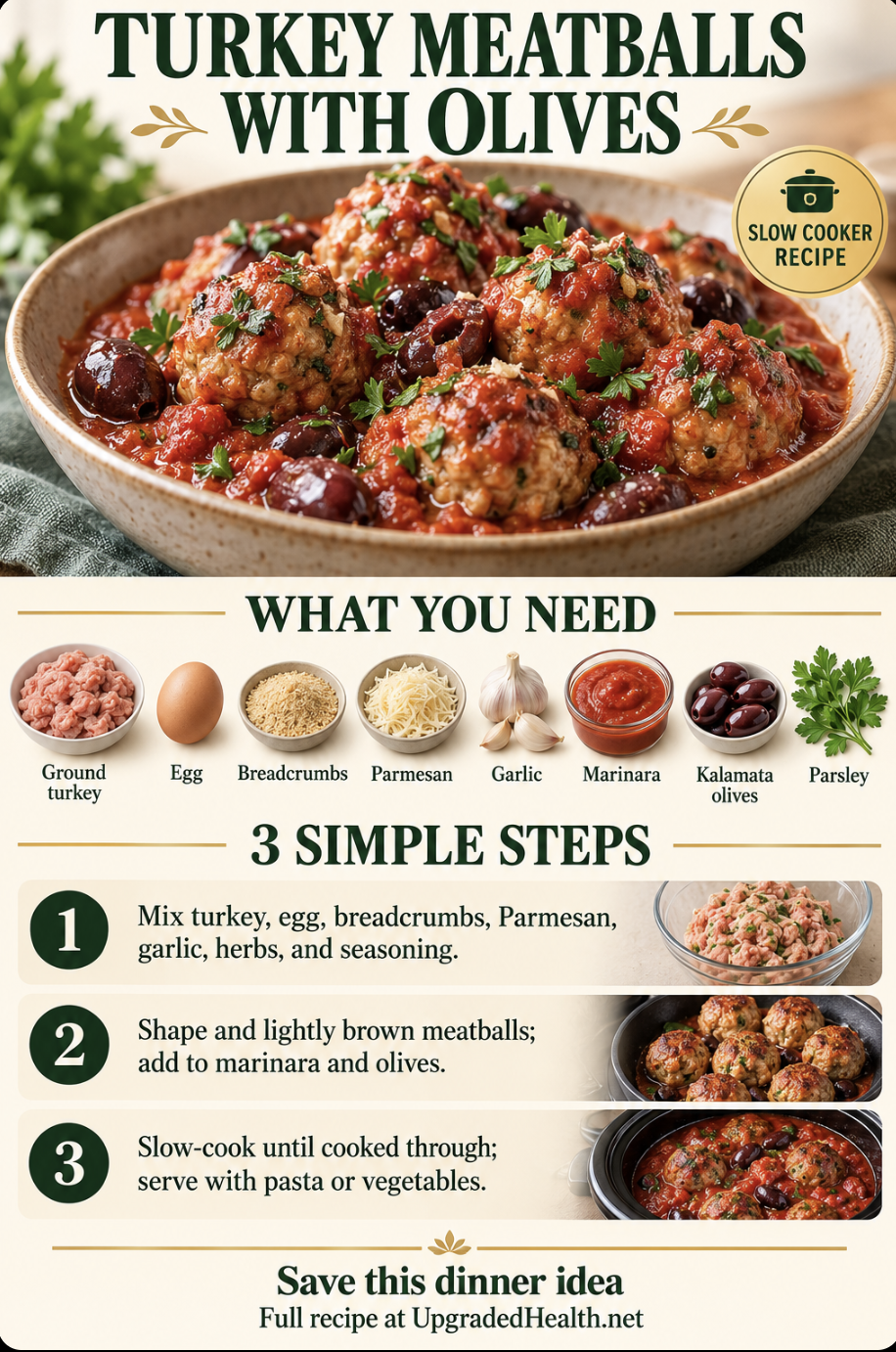 Turkey Meatballs with Tomato and Olives slow cooker recipe infographic with ingredients and three steps