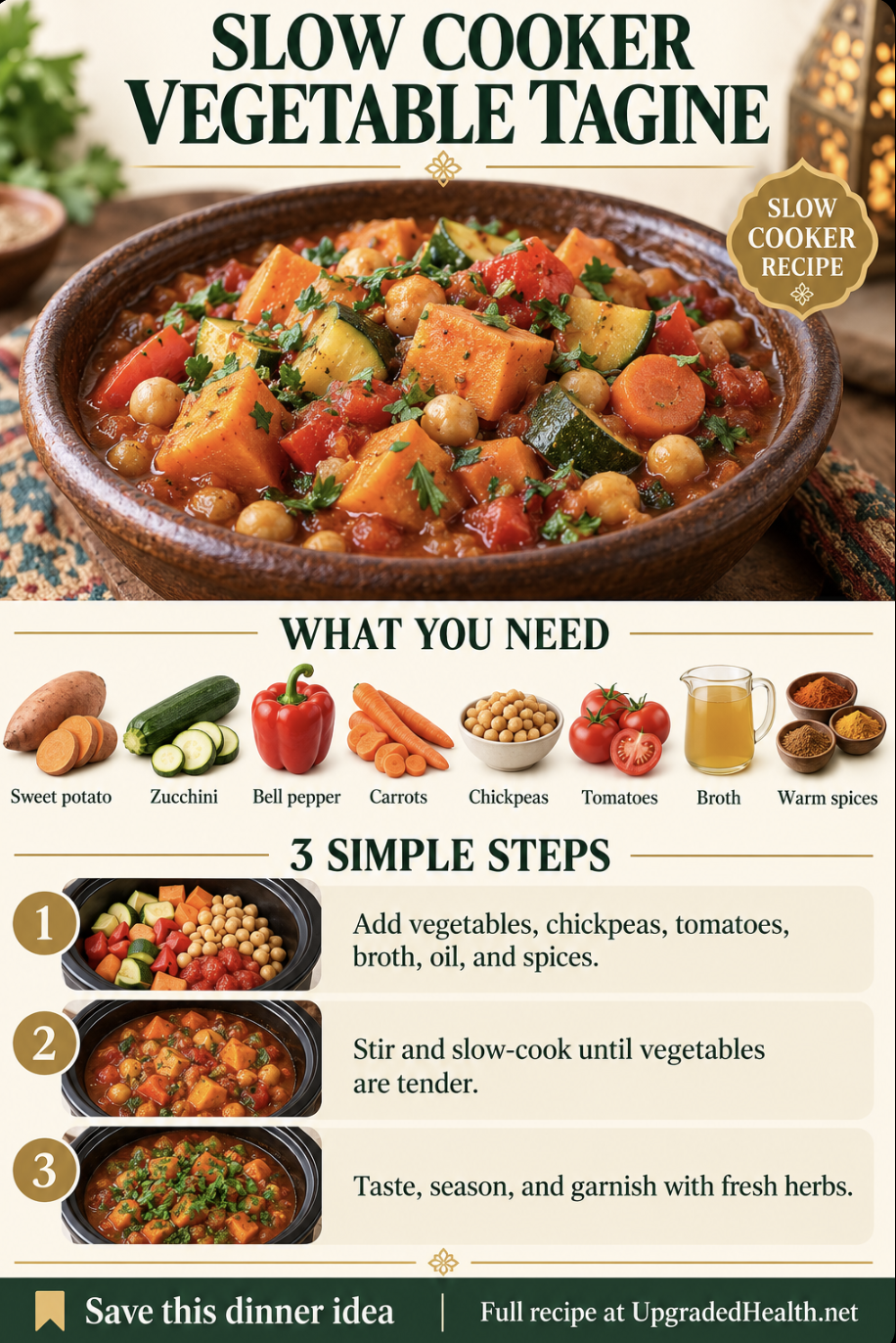 Vegetable Tagine slow cooker recipe infographic with ingredients and three steps