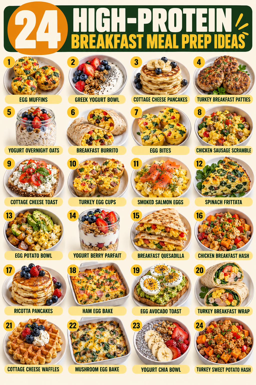 24 High-Protein Breakfast Meal Prep Ideas infographic