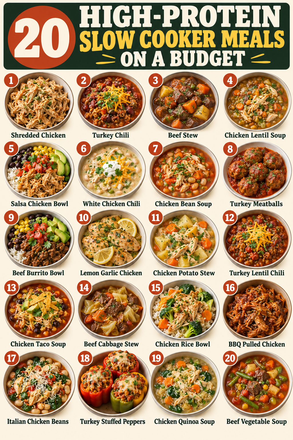 20 High-Protein Slow Cooker Meals on a Budget infographic