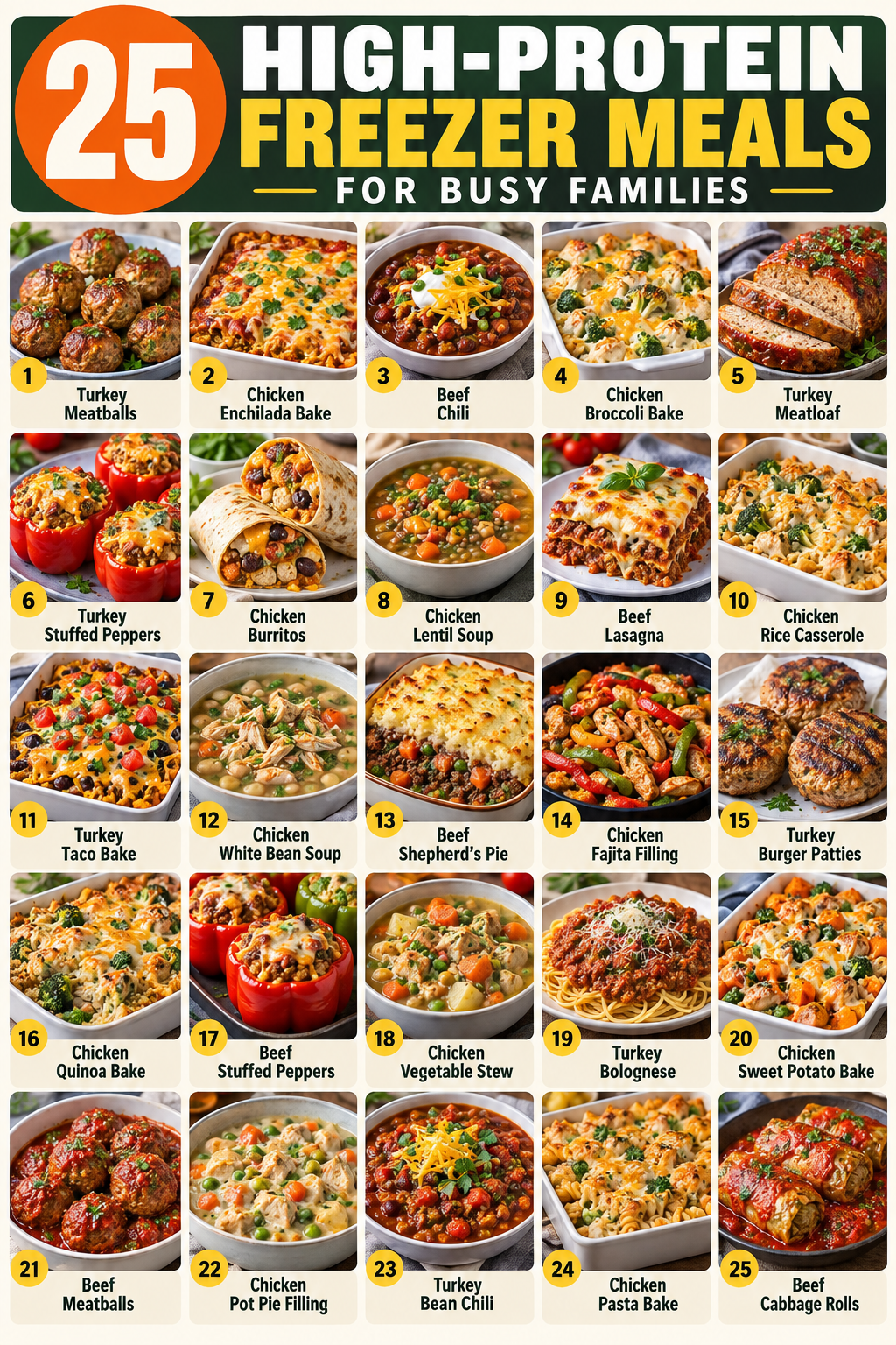 25 High-Protein Freezer Meals for Busy Families infographic